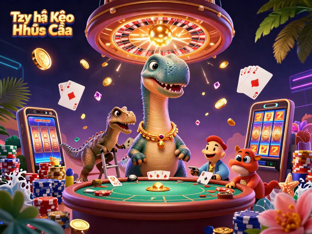 Tỷ lệ Kèo Nhà Cái illustrated with a towering brontosaurus looking down on a poker table in a vibrant casino scene.