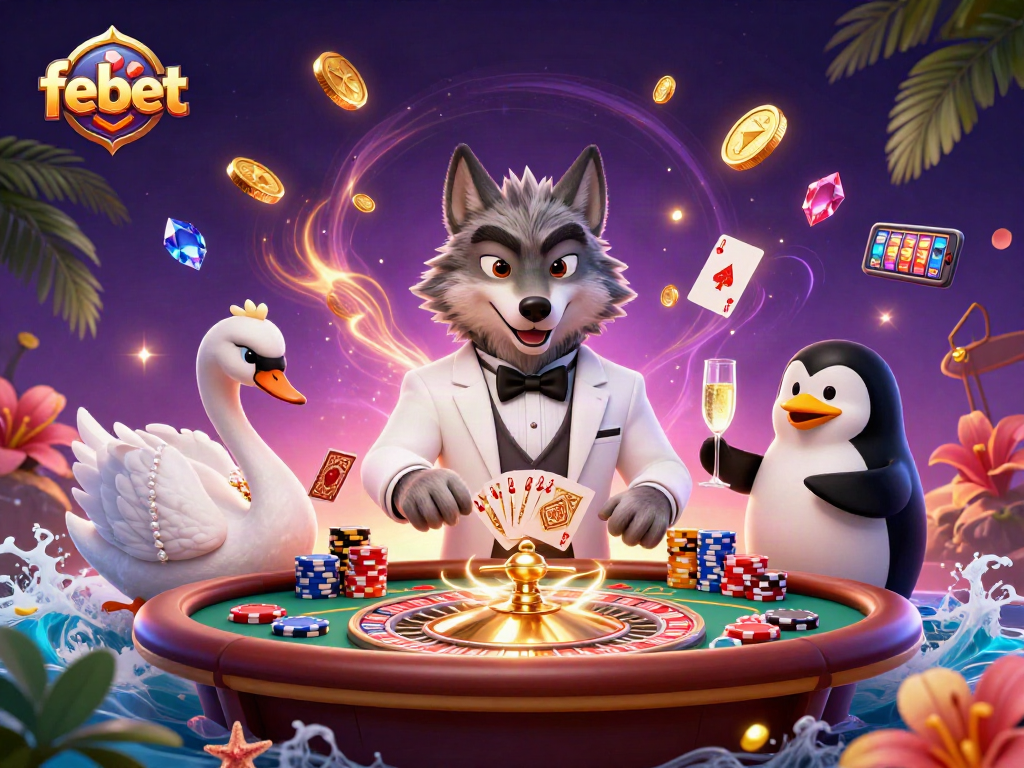 Febet showcases a 3D illustration of a debonair wolf at a baccarat table surrounded by glamorous characters.