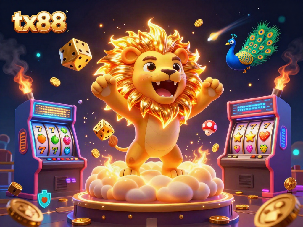 Play with tx88's vibrant casino atmosphere featuring a roaring lion and spinning slot reels.