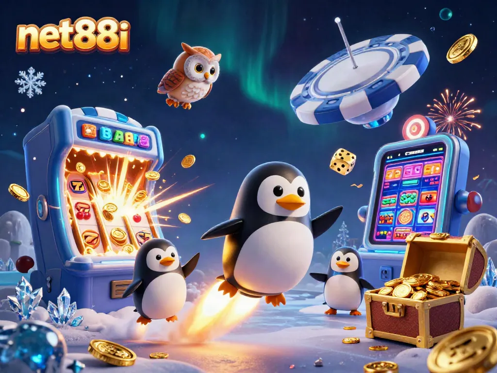 Experience net88i excitement with a golden penguin racing towards a jackpot treasure.