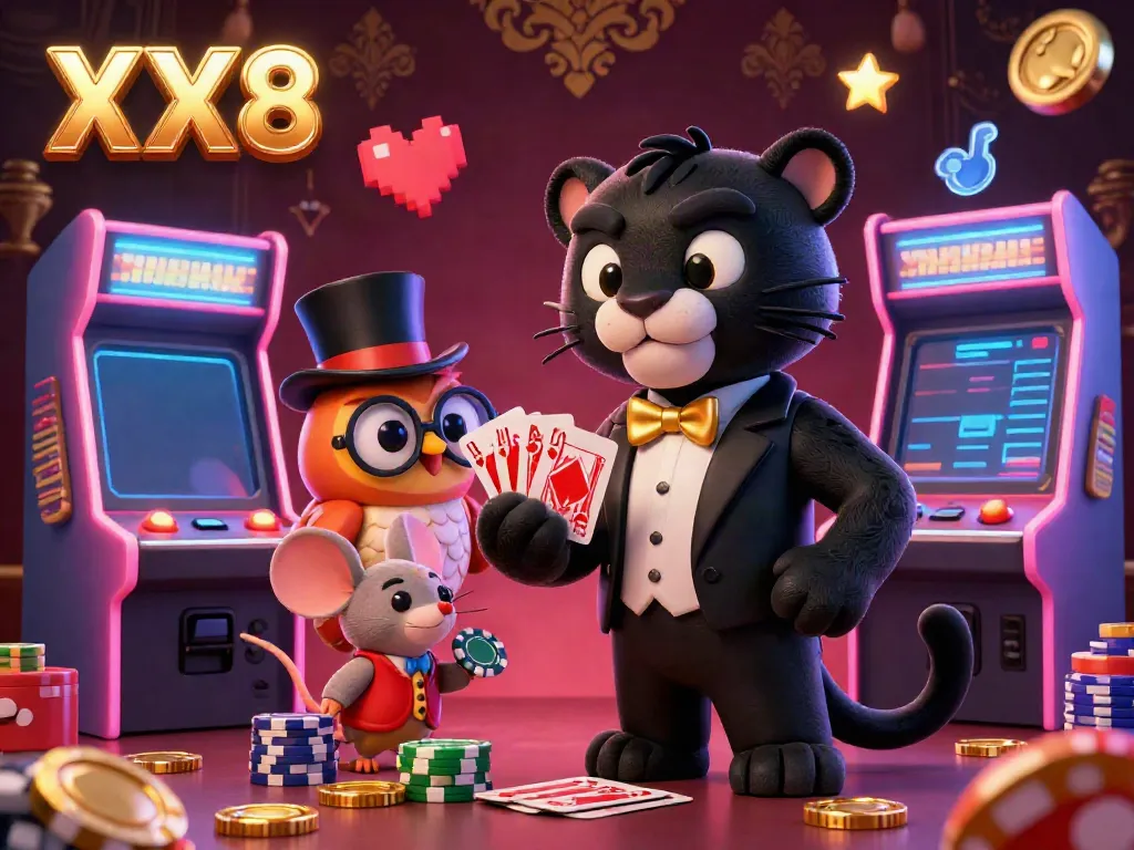 Experience immersive gaming with XX8 featuring a card-dealing black panther, poker owl, and lucky mouse celebrating casino wins.