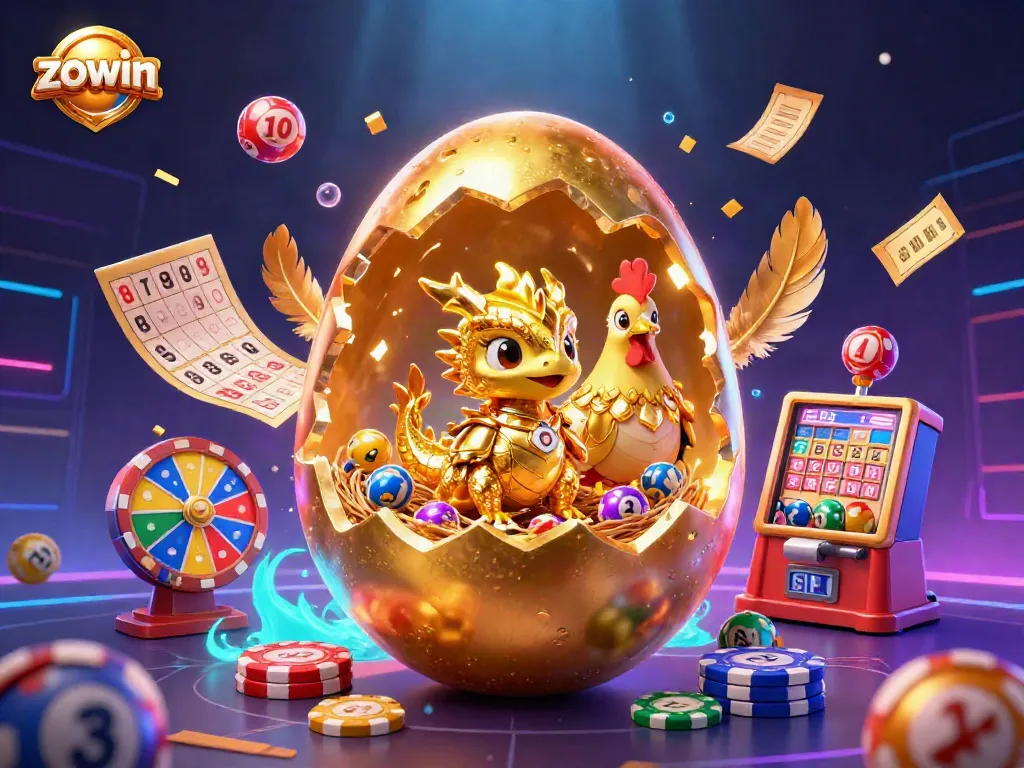 Zowin casino scene featuring a golden egg, baby dragon, poker chips, and dynamic lottery elements.