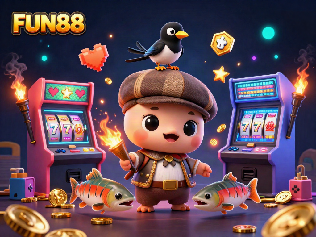 Engage with FUN88 in a vibrant, colorful casino scene featuring Nessie and friends amidst glowing game elements.