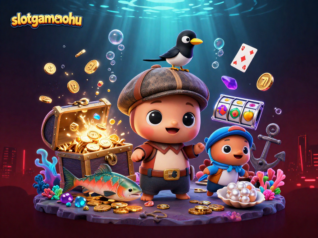 Spin to win with slotgamenohu's charming underwater casino adventure featuring vibrant characters and slot elements.