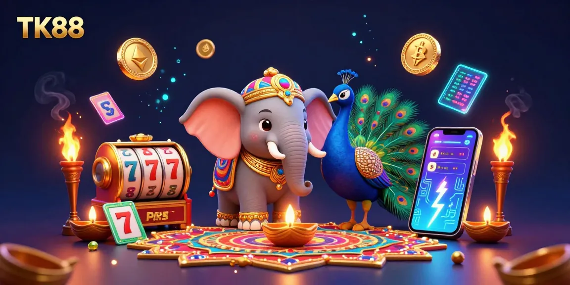 Engage in a thrilling TK88 casino experience surrounded by vibrant colors, slots, and crypto elements.