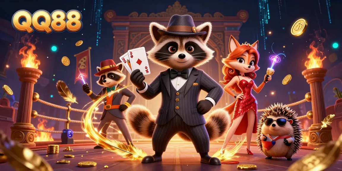 Experience the vibrant QQ88 online casino with a suave raccoon, a stylish fox, and a watchdog hedgehog.