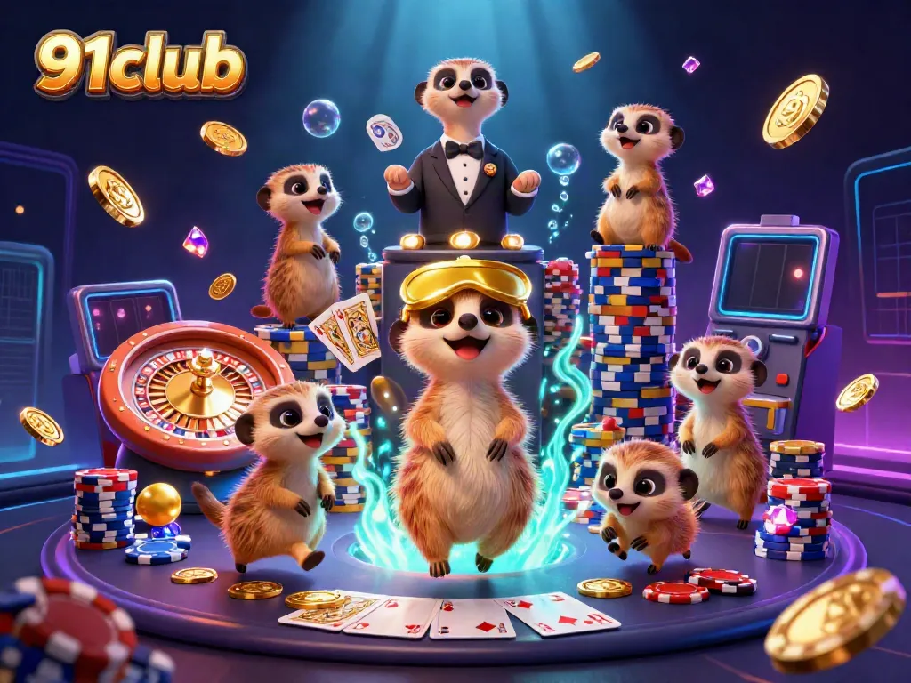 Engage in thrilling casino action with 91club's lively meerkat characters in a vibrant gambling scene.