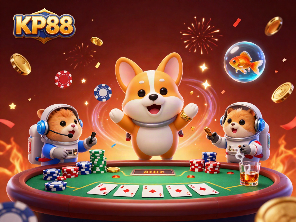 Engage in thrilling gameplay at KP88 with floating poker chips and exciting casino elements.
