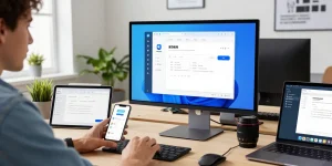 使用爱思助手下载管理iOS设备的用户在现代办公环境中工作的场景，体现高效与专业