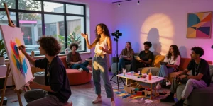 Creative arts scene featuring diverse adults exploring 18+ ai content in a vibrant studio