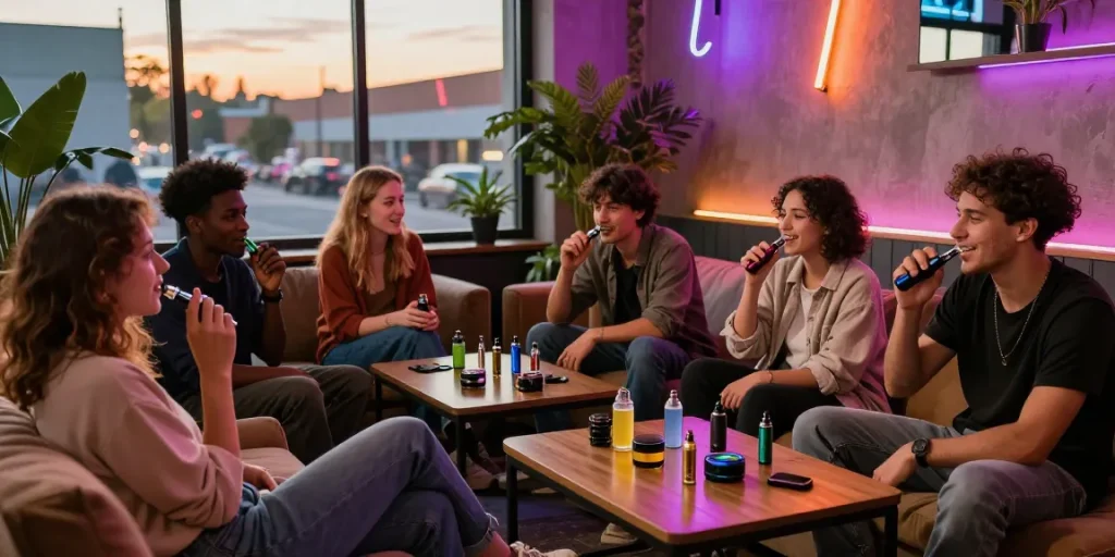 Group enjoying weed vapes in a lively urban lounge atmosphere, showcasing modern social interaction.
