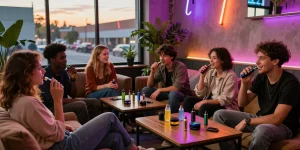Group enjoying weed vapes in a lively urban lounge atmosphere, showcasing modern social interaction.