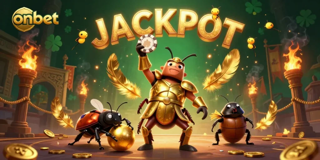 Experience onbet's thrilling jackpot victory with an epic beetle battle scene.