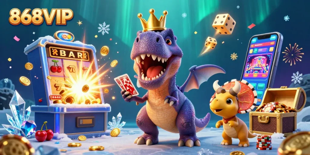 Experience excitement at 868VIP with a vibrant 3D casino scene showcasing fun characters and thrilling games.