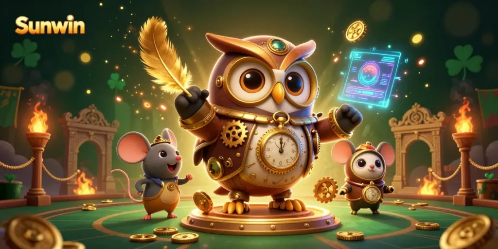 Sunwin engages players with vibrant, dynamic casino elements featuring a time-traveler owl and a clockwork mouse.