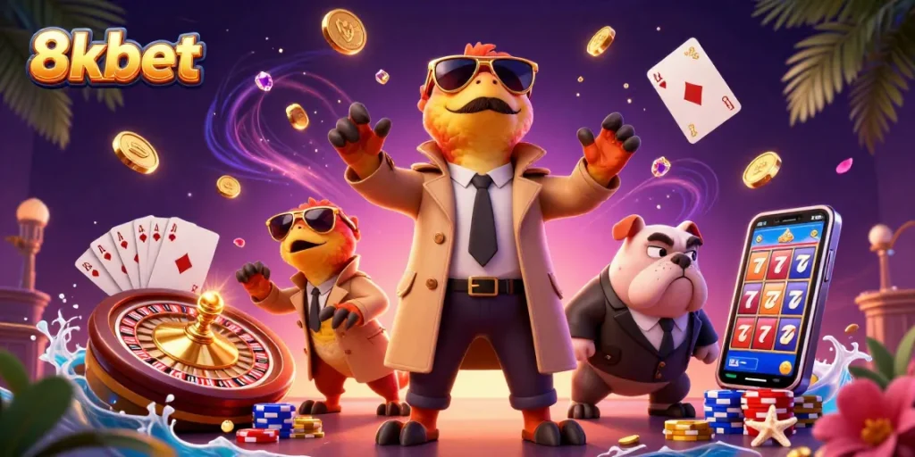 Experience thrilling 8xbet gaming with raptors in a trench coat entering a VIP casino.