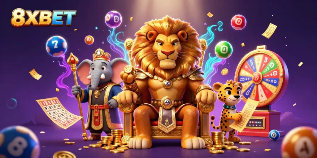 Experience thrilling gameplay at 8XBET with exciting visual elements like animated lottery balls and prize wheels.