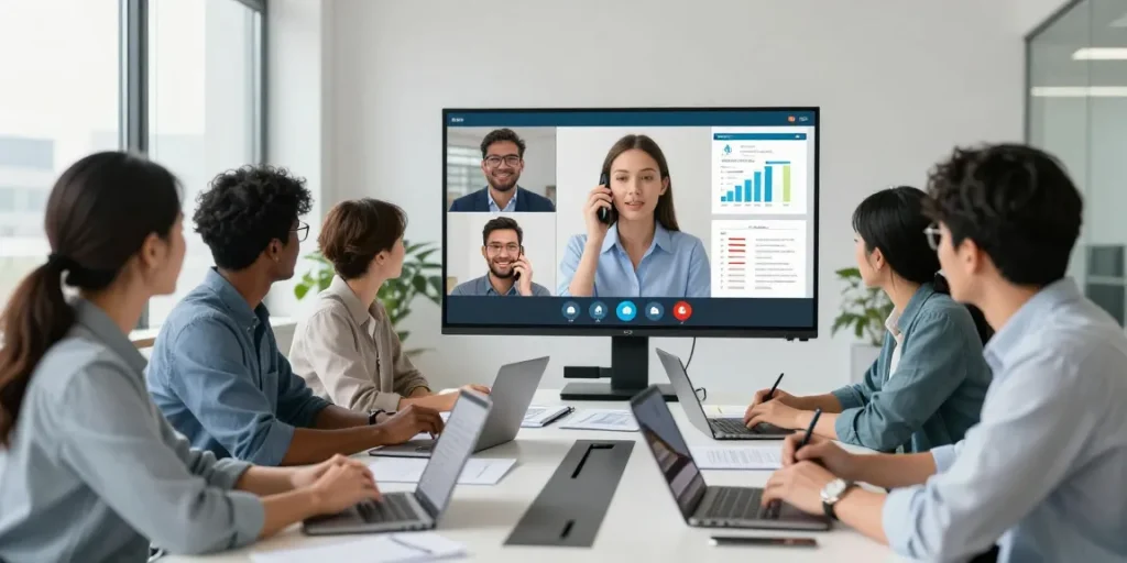Team collaborating on cloud based phone system during a video call in a modern office setting.