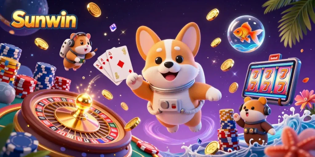 Experience the exciting Sunwin casino as characters float with poker chips and coins.