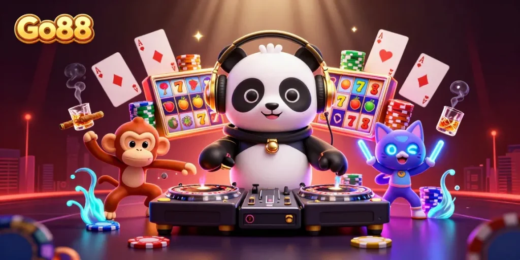 Experience Go88's vibrant scene with 3D characters like DJ panda and monkey, spinning lucky slot reels.
