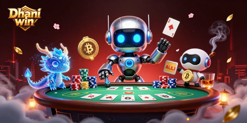 Experience thrilling gameplay with Dhani win in an engaging 3D casino scene featuring robots and poker elements.