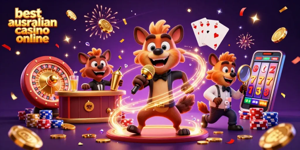 Experience fun at the best australian casino online with vibrant hyenas in a comedy club setting.