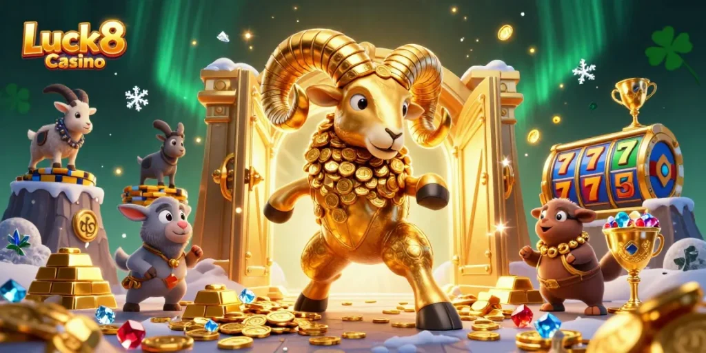 Experience winning at Luck8 Casino with a vibrant 3D scene packed with gold and gems.