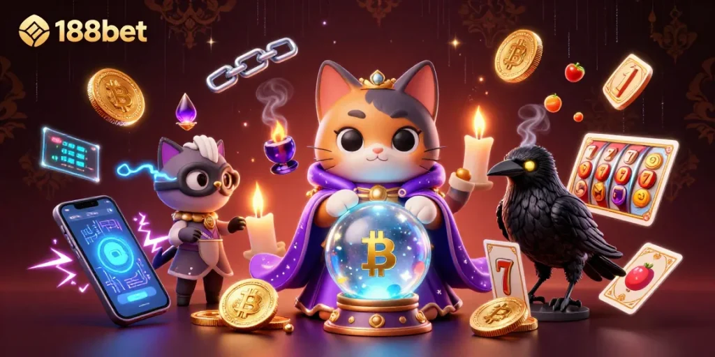 Experience thrilling gaming adventures at 188bet with a vibrant, engaging illustration featuring mystical characters and slot elements.