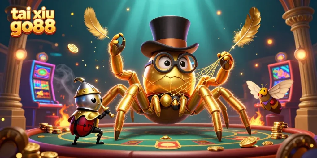 Engage in thrilling gameplay with tai xiu go88 featuring a giant tarantula and beetle knight amidst a vibrant casino atmosphere.