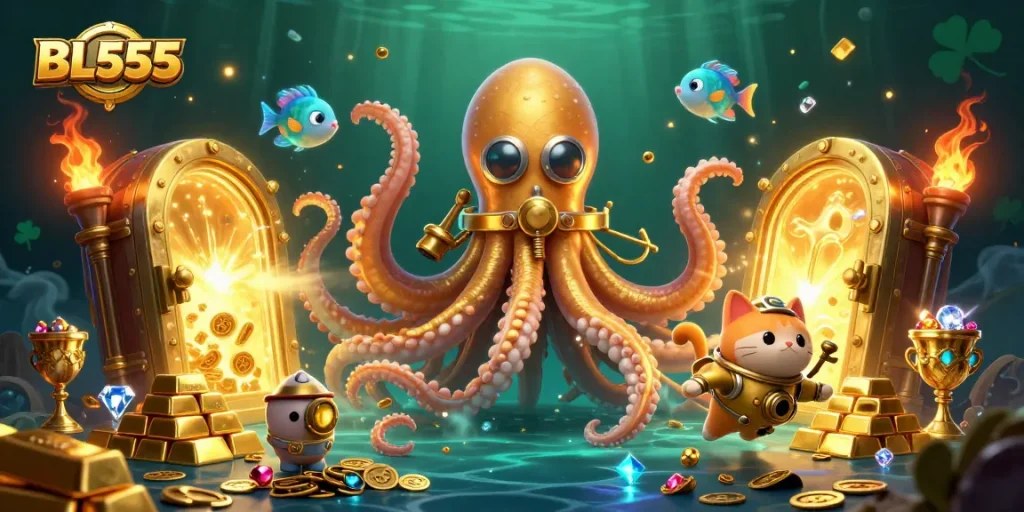 Experience the excitement at BL555 with a stunning 3D illustration featuring a golden kraken, diving cat, and treasure-filled ocean.
