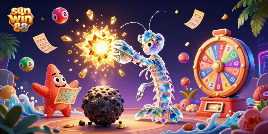Engage with thrilling gameplay at sun win 88 as the mantis shrimp breaks through obstacles, unleashing golden gems.