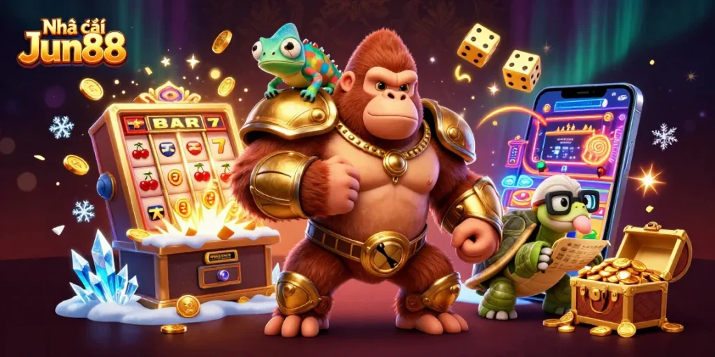 Players enjoy thrilling slots and vibrant games at Nhà cái Jun88, celebrating wins.