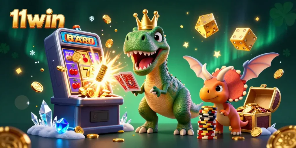 Experience excitement with 11win's vibrant casino scene featuring a T-Rex, pterodactyl, and triceratops!