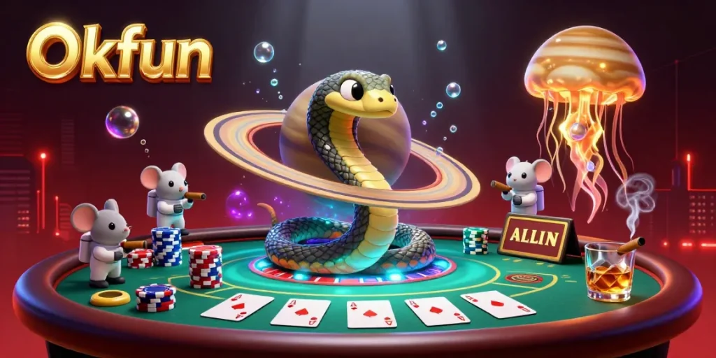 Experience the thrill of betting on Okfun, with a dynamic cosmic casino scene featuring colorful poker elements.
