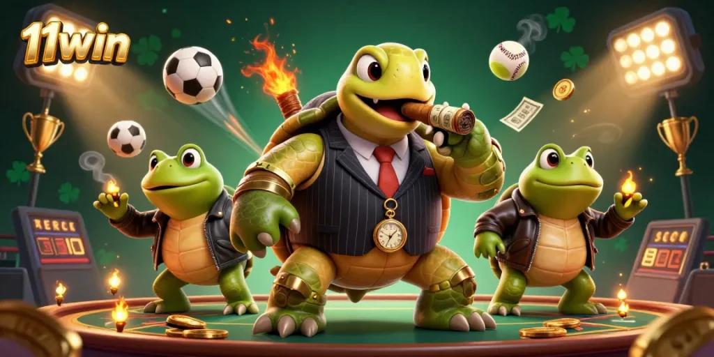 Engage in thrilling gameplay as 11win showcases a cartoon turtle mobster and sports elements.