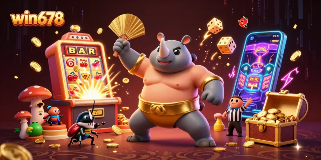 Experience the excitement at win678 with a vibrant 3D scene showcasing a sumo beetle champion amidst coins and jackpot symbols.