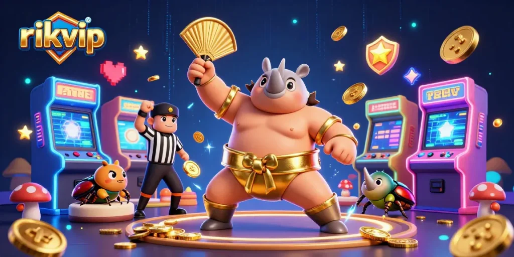 Experience rikvip's exciting features with a 3D cartoon beetle champion amidst flying coins and glowing game elements.