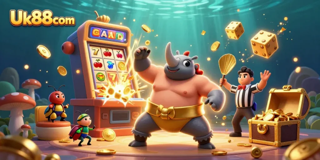 Experience the excitement of Uk88com with a dynamic casino scene featuring a sumo beetle champion!