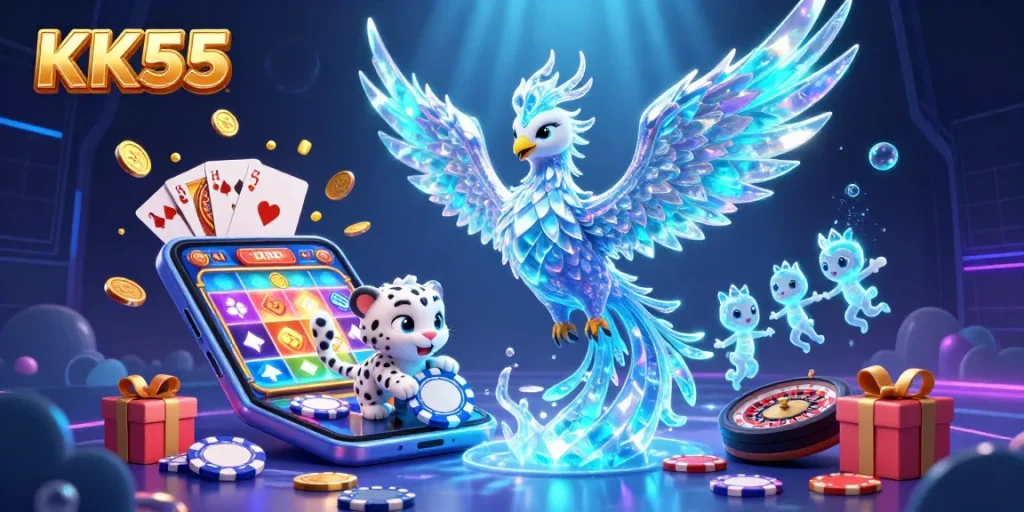 Engage in thrilling casino fun with KK55 featuring an ice phoenix and playful characters.