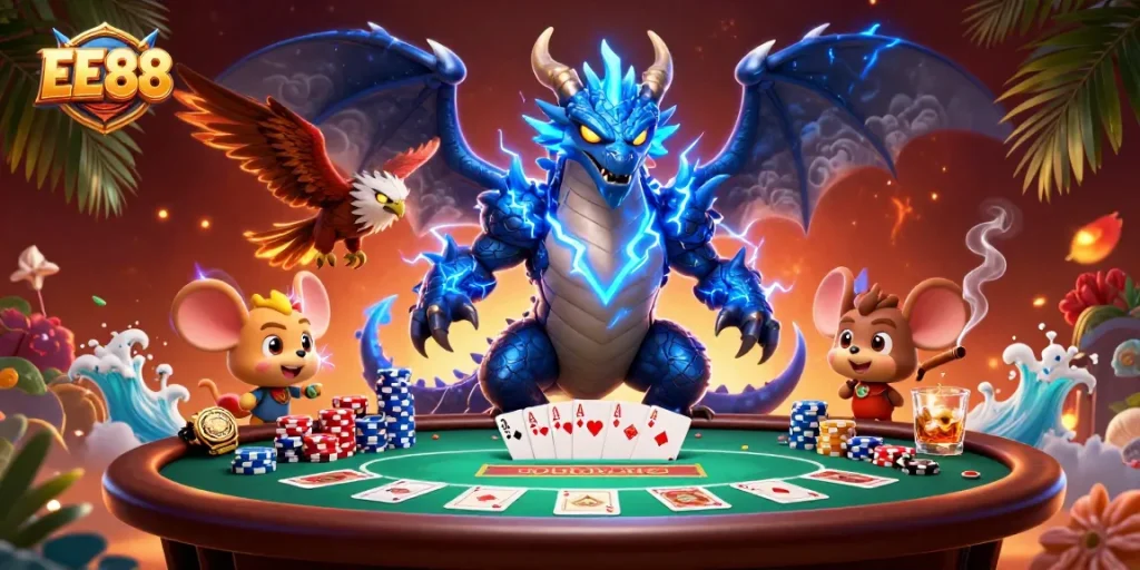 Experience the thrilling world of EE88 with a dynamic poker scene featuring electrifying characters and rich gaming elements.