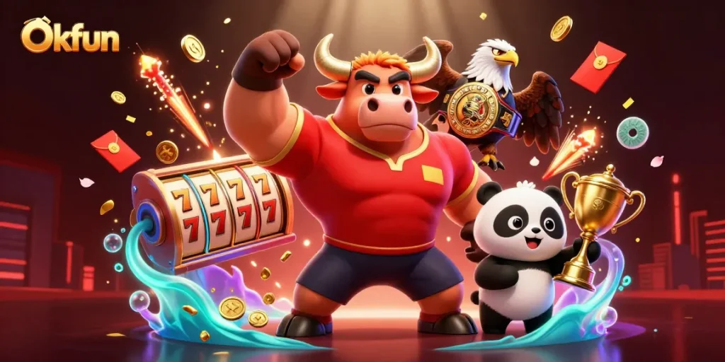 Engage with Okfun's vibrant casino experience featuring slots, a muscular mascot, and festive elements.