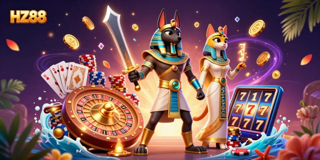 Experience thrilling gameplay at HZ88 with Anubis and Bastet amidst dazzling casino elements.