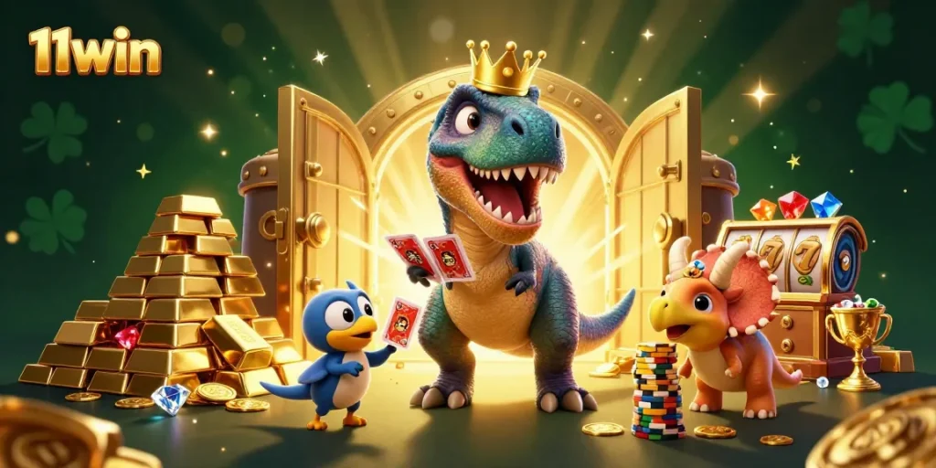 Engage with the thrill of 11win's gaming scene featuring T-Rex and friends in a casino.