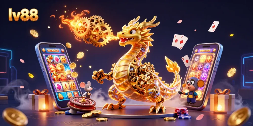 Experience the thrill of lv88's games with this vibrant illustration showcasing dynamic casino elements.