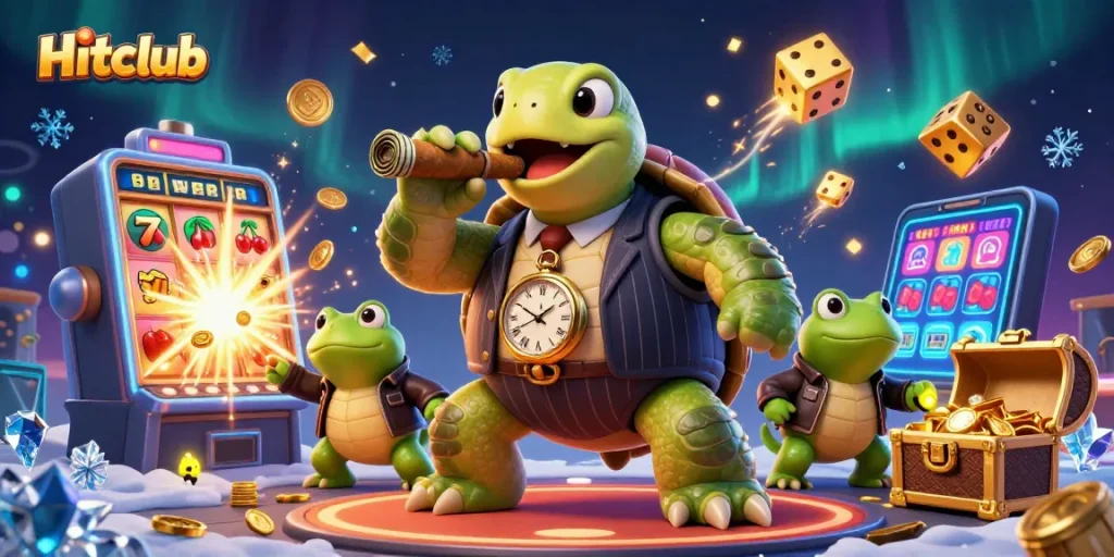Experience exciting wins at Hitclub with vibrant casino icons, featuring a turtle mobster and lively frog enforcers.