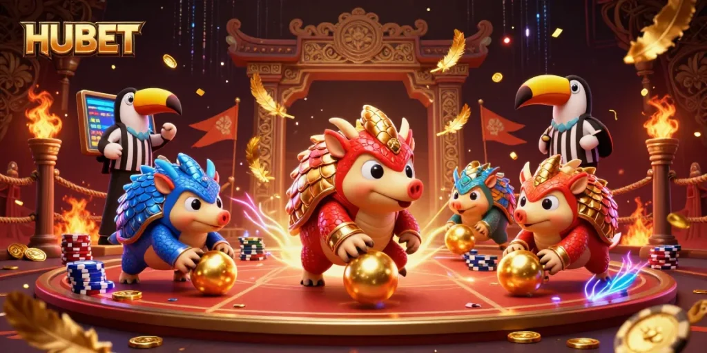 Engage with HUBET's thrilling casino action featuring rival pangolins competing in a vibrant poker showdown.