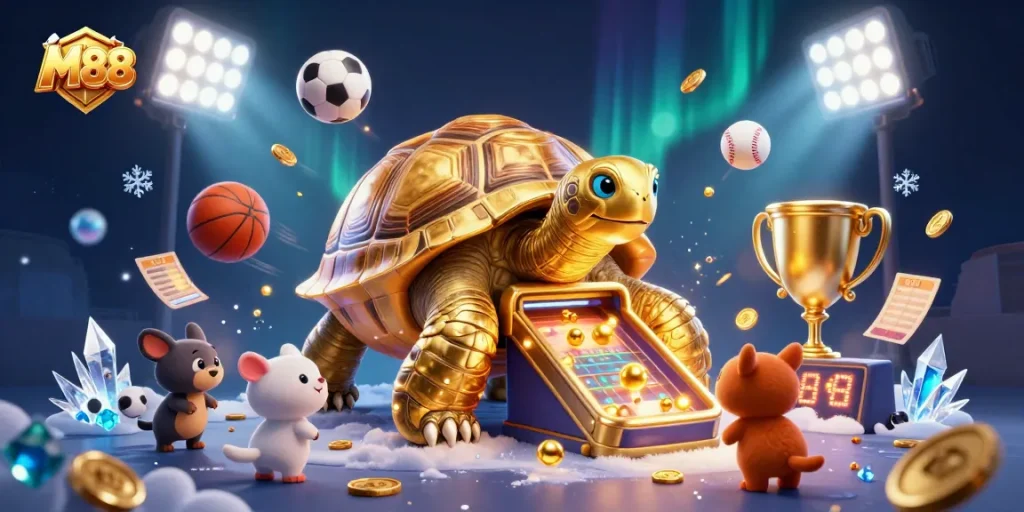 M88 engages players with a vibrant 3D illustration of a golden tortoise pinball machine and dynamic sports elements.