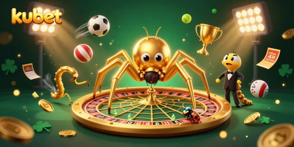 An immersive kubet illustration featuring a golden spider and a centipede croupier in an action-filled casino scene.