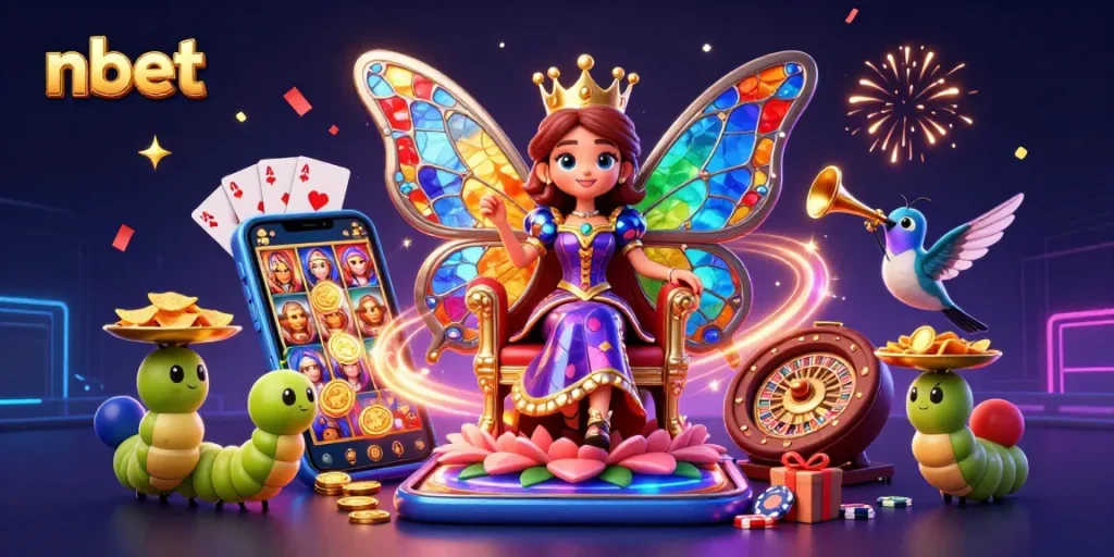 Engage with nbet's vibrant casino atmosphere featuring a butterfly queen and golden chips in a dynamic scene.