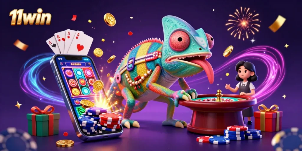 Experience the vibrant world of 11win as the chameleon casino owner captures golden coins amidst dynamic gaming elements.